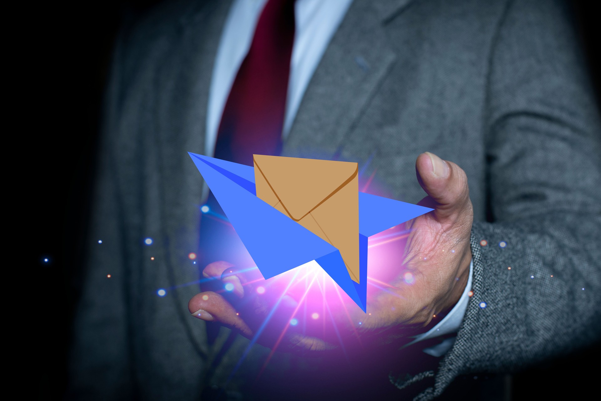 Businessman holding a paper plane with a letter. Email service, social network, message receiving and sending concept.
