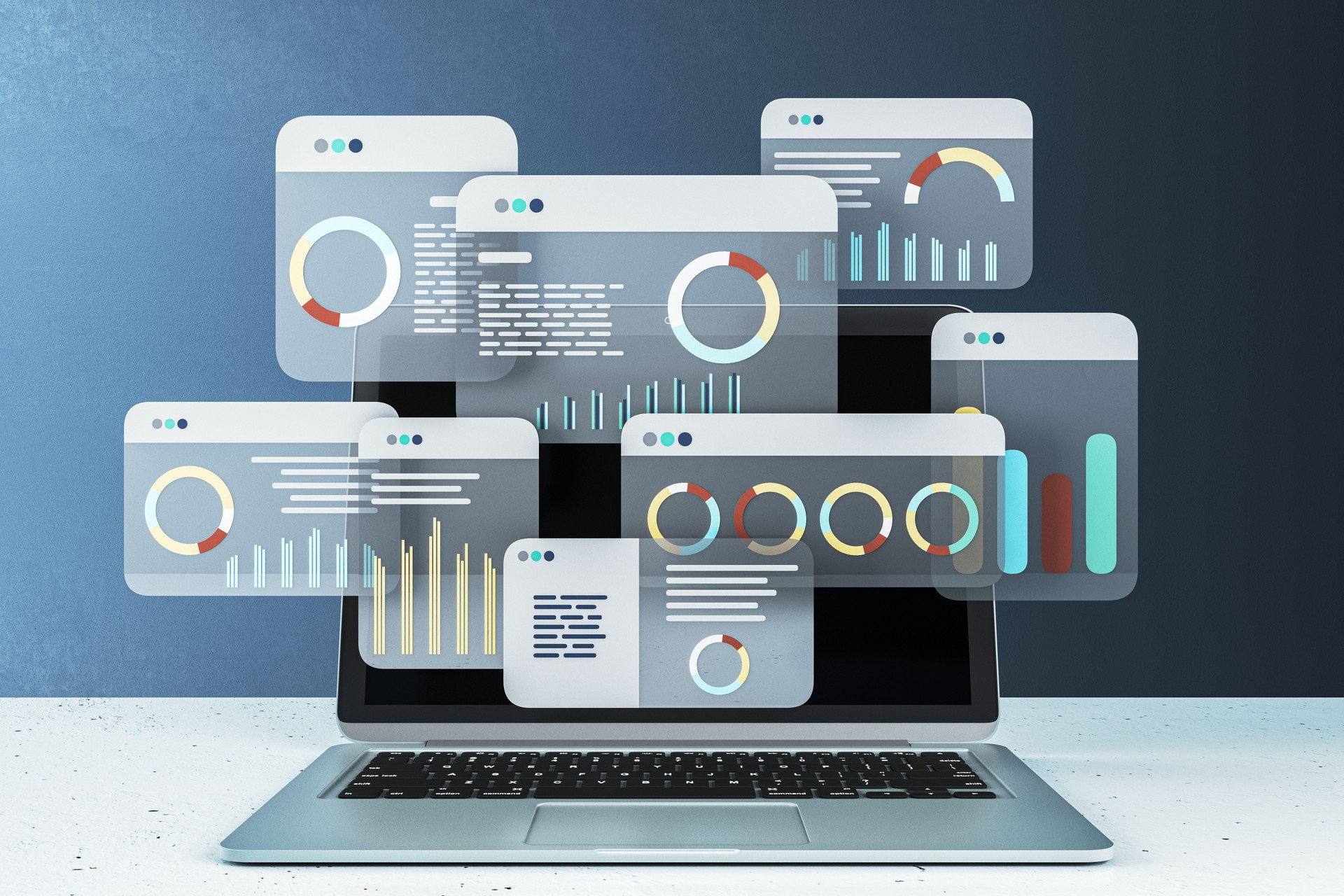 Digital financial data analysis interface on laptop screen with graphs and charts. 3D Rendering