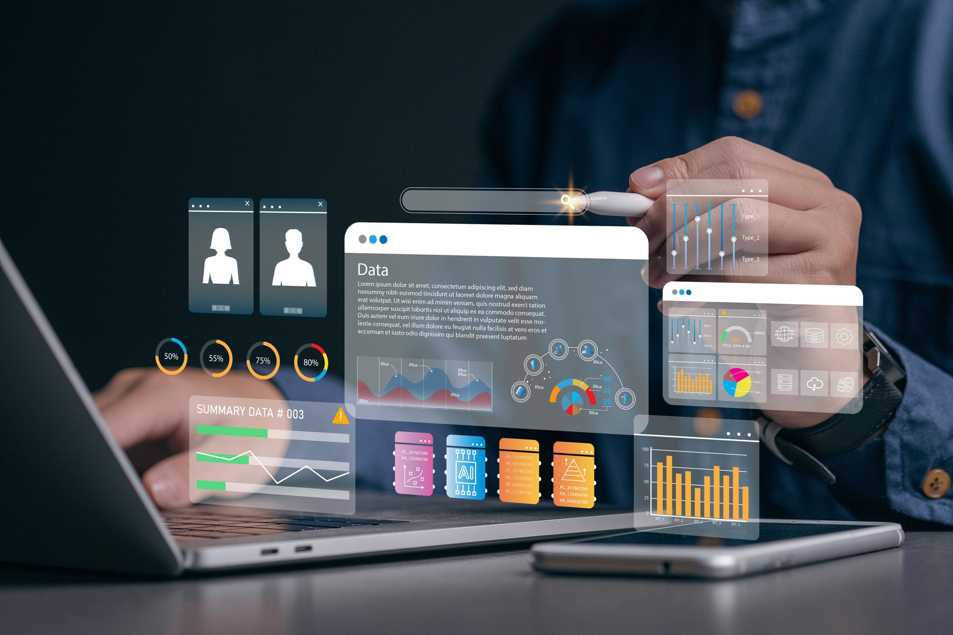 KPI and metrics connected to the database for technology finance, operations, sales, marketing. An analyst uses a computer and dashboard for data business analysis and Data Management System