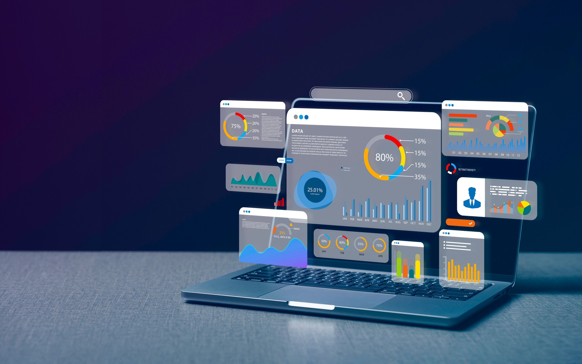 Computer laptop and dashboard for data business analysis and Data Management System with KPI and metrics connected to the database for technology finance, operations, sales, marketing